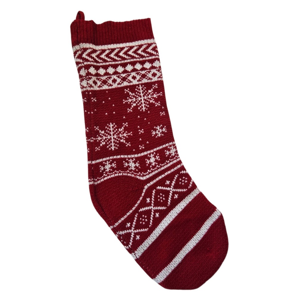 Fair Isle Knitted Christmas Stocking Nordic‎ Snow Red Cream Holiday Christmas